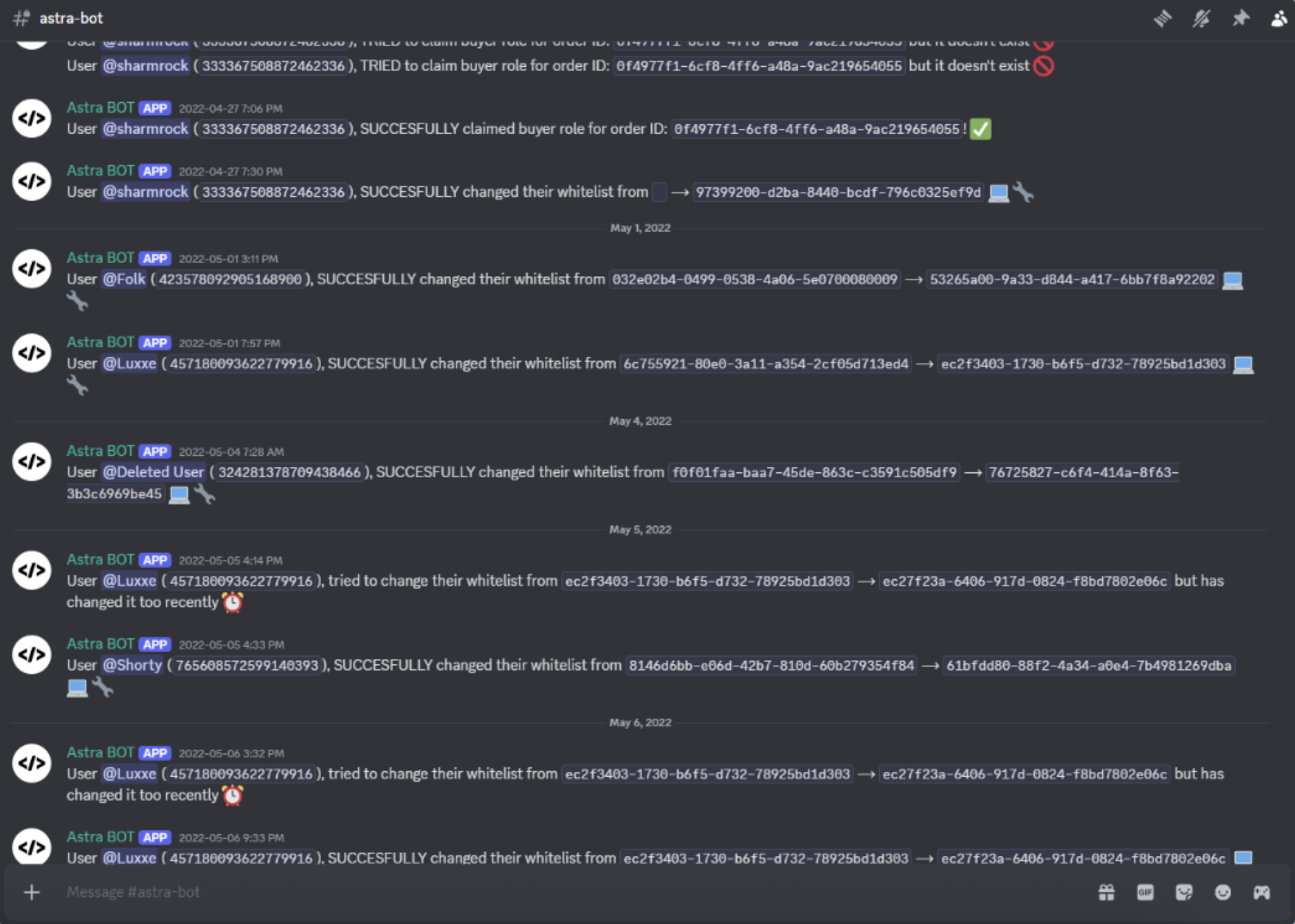 Astra BOT whitelist management log in Discord, showing buyer role claims, whitelist changes, and cooldown denials